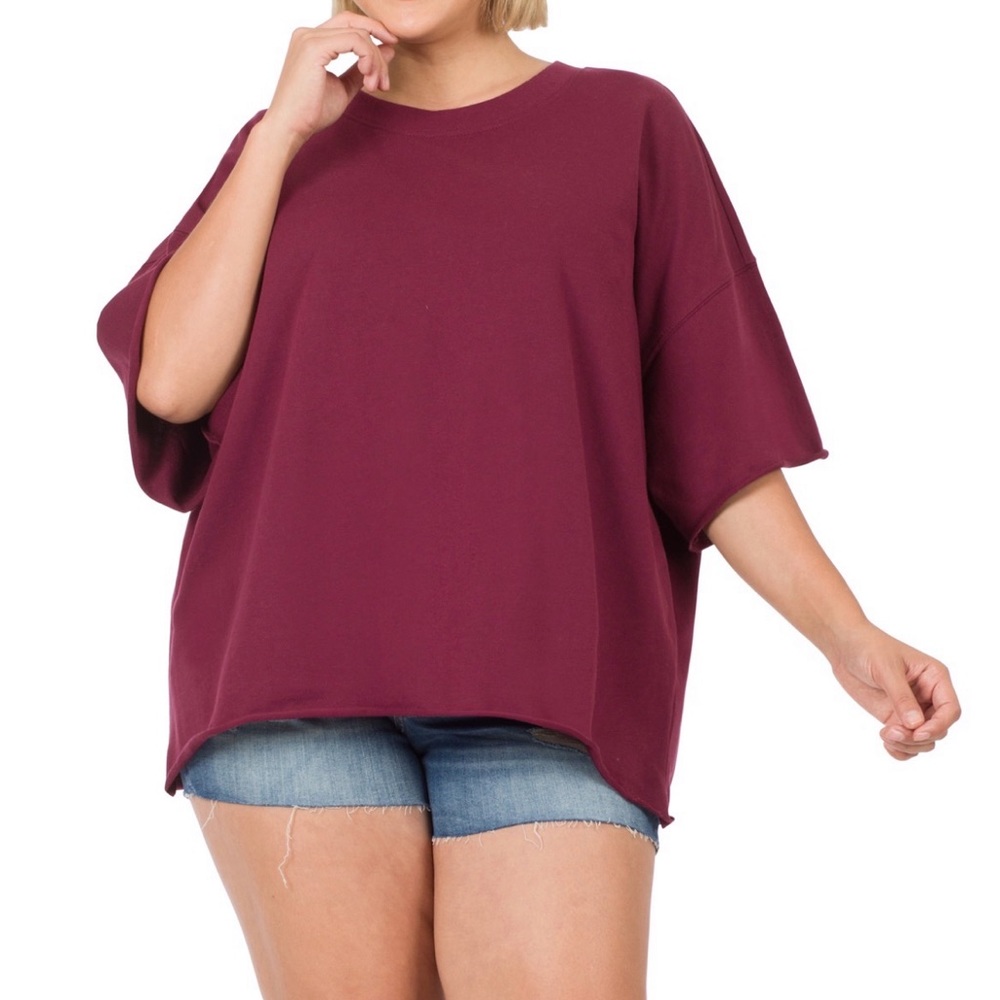 ZENANA 
Oversized Raw Edge Drop Shoulder Top